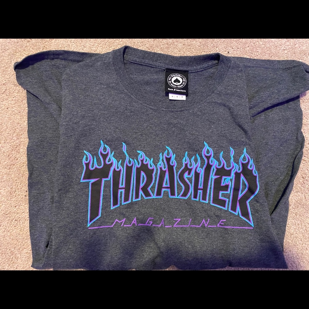 grey black blue and purple thrasher shirt!!